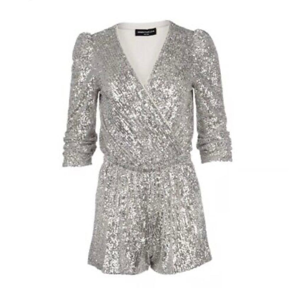 NWT Generation Love Allegra Sequined Faux Wrap Jumpsuit Silver Small